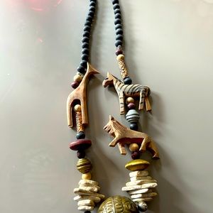 Vintage Single Strand Wood Bead hand Carved Zebra lion Necklace